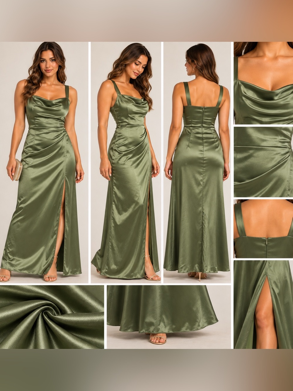 Olive Green Satin Ruched Cowl Neck Maxi Dress Size 10 NWOT
